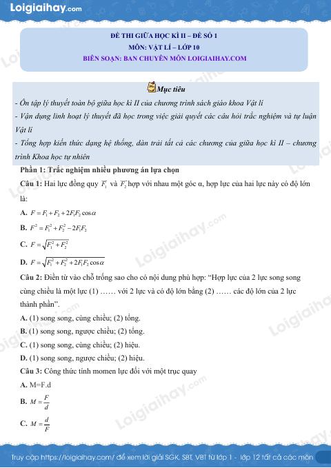 Đề thi giữa học kì 2 Vật lí 10 Chân trời sáng tạo - Đề số 1